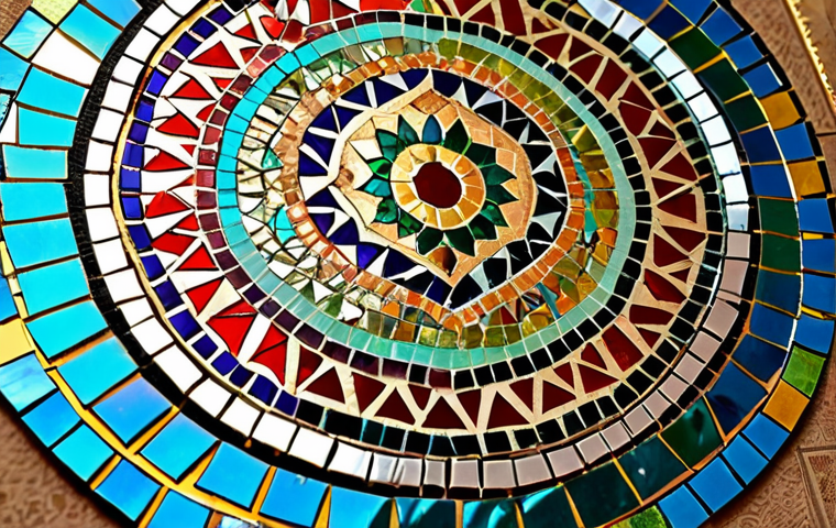 CD Mosaic Art**
* **Prompt:** Close-up shot of a shimmering mosaic artwork created from broken CD pieces. The mosaic depicts traditional Arabic patterns or calligraphy. Use vibrant colors and emphasize the reflective, iridescent quality of the CD fragments. Background: A tastefully decorated Arabic home interior.
**
